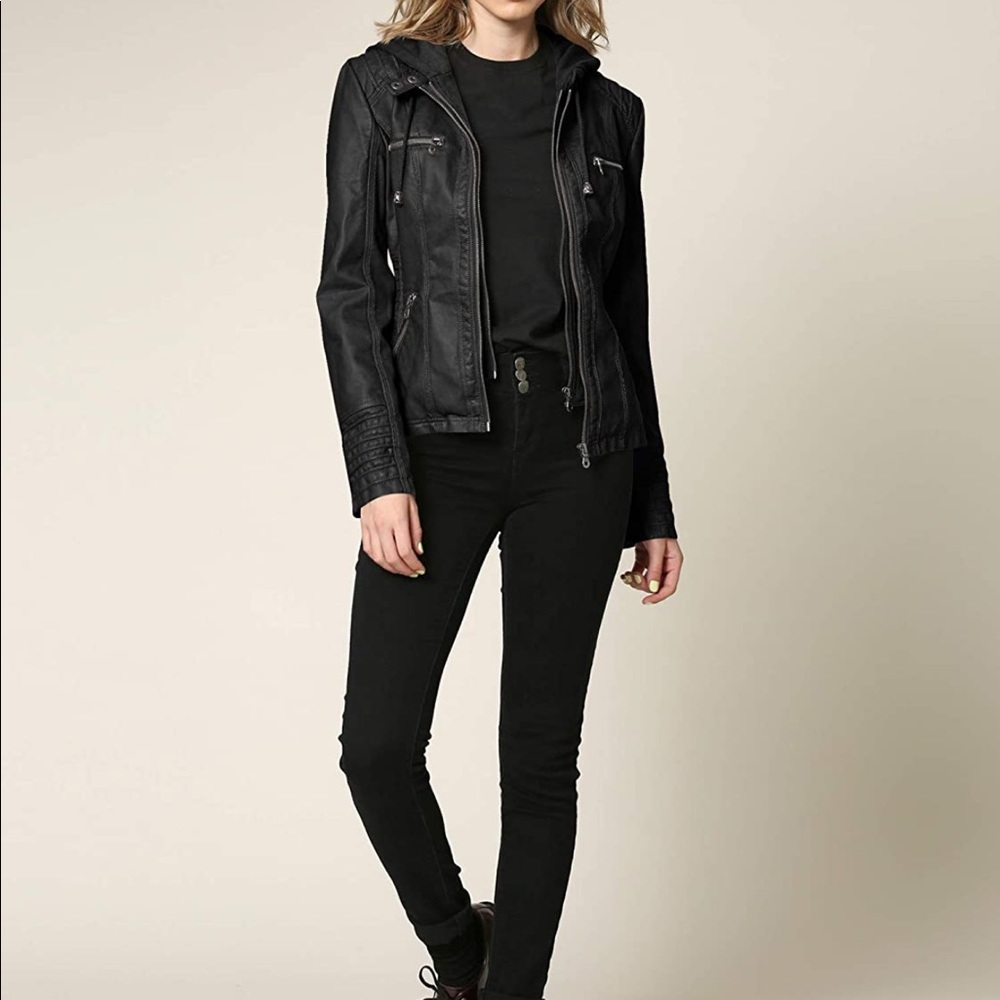 NWOT Made by Johnny womens faux leather jacket with detachable hoodie.